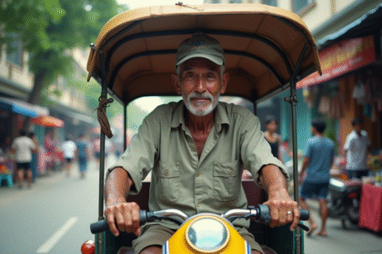 Conducteur de tuk tuk âgé dans une rue animée d'Asie du Sud-Est