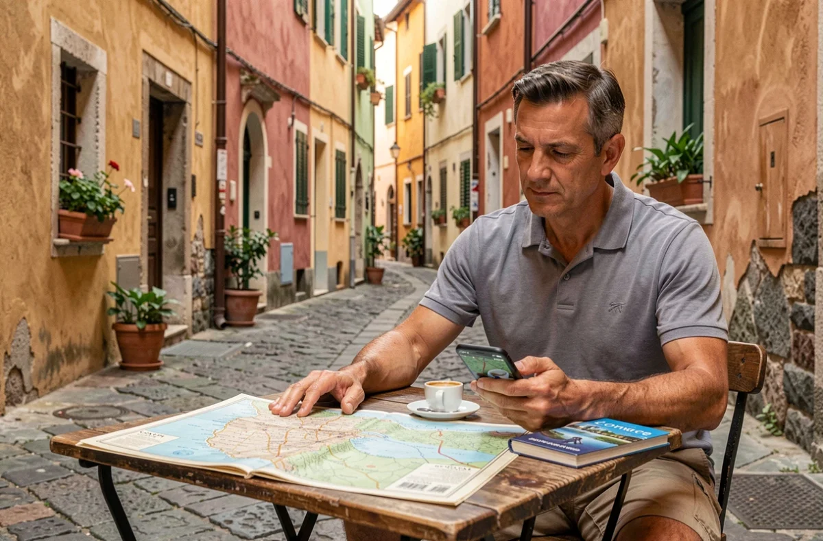 Homme comparant une carte papier des Cinque Terre et une application GPS sur smartphone attablé dans une ruelle de Vernazza