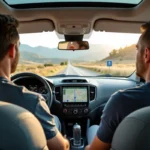 Conducteur consultant un GPS en voiture sur un itinéraire France-Espagne mêlant autoroutes et routes nationales