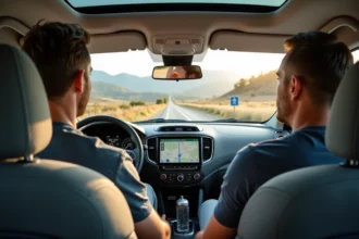 Conducteur consultant un GPS en voiture sur un itinéraire France-Espagne mêlant autoroutes et routes nationales