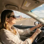 Conductrice détendue sur l'autoroute I-15 entre Los Angeles et Las Vegas traversant le désert de Mojave