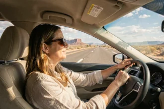 Conductrice détendue sur l'autoroute I-15 entre Los Angeles et Las Vegas traversant le désert de Mojave