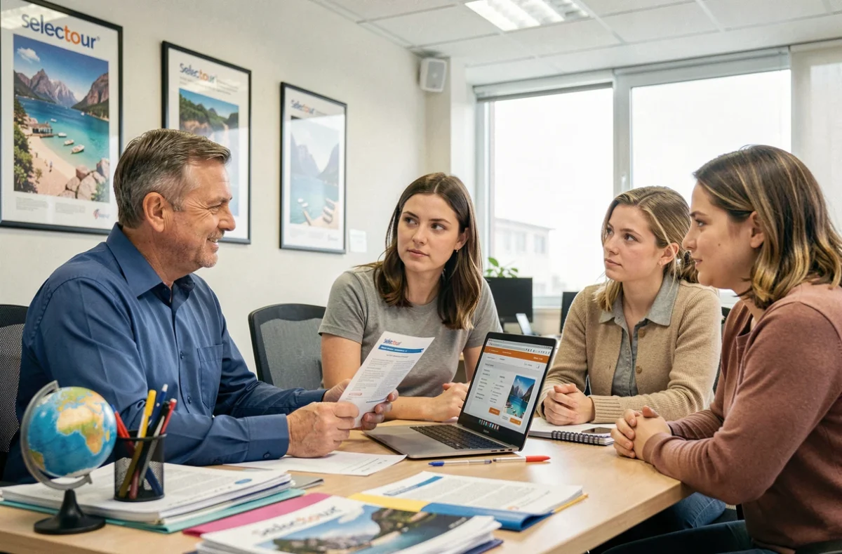 Conseiller Selectour présentant une offre de séjour tout compris à une famille en agence de voyage, illustrant la réalité du service client
