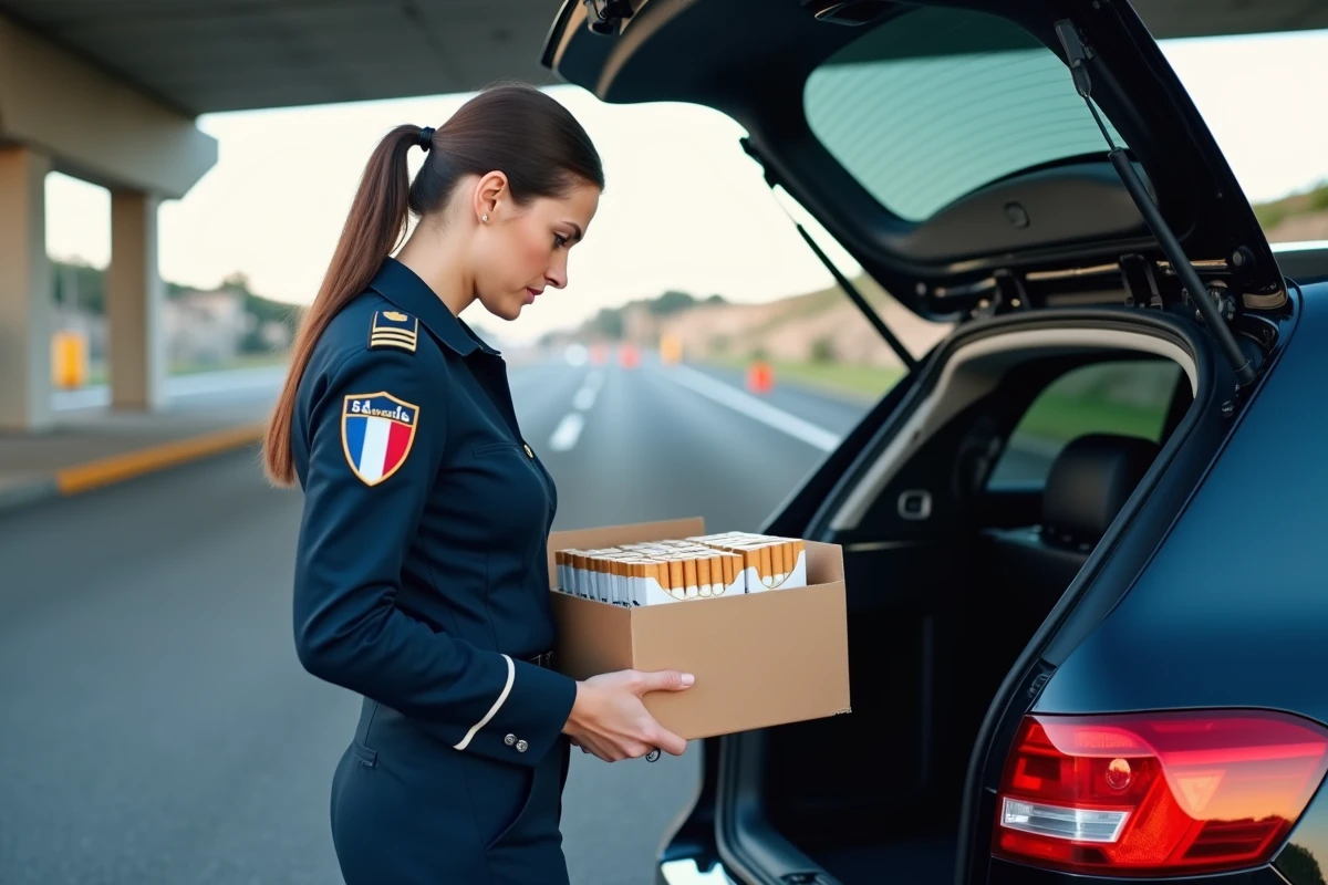Douanière française contrôlant des cartouches de cigarettes dans un coffre de voiture à la frontière franco-espagnole