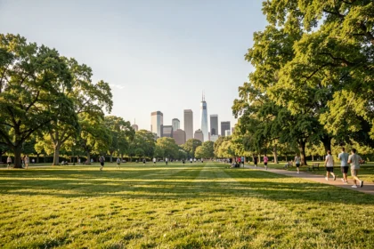Vue panoramique de Corona Park à Queens, New York, par une journée ensoleillée avec des familles se promenant sur les pelouses verdoyantes devant le skyline de Manhattan