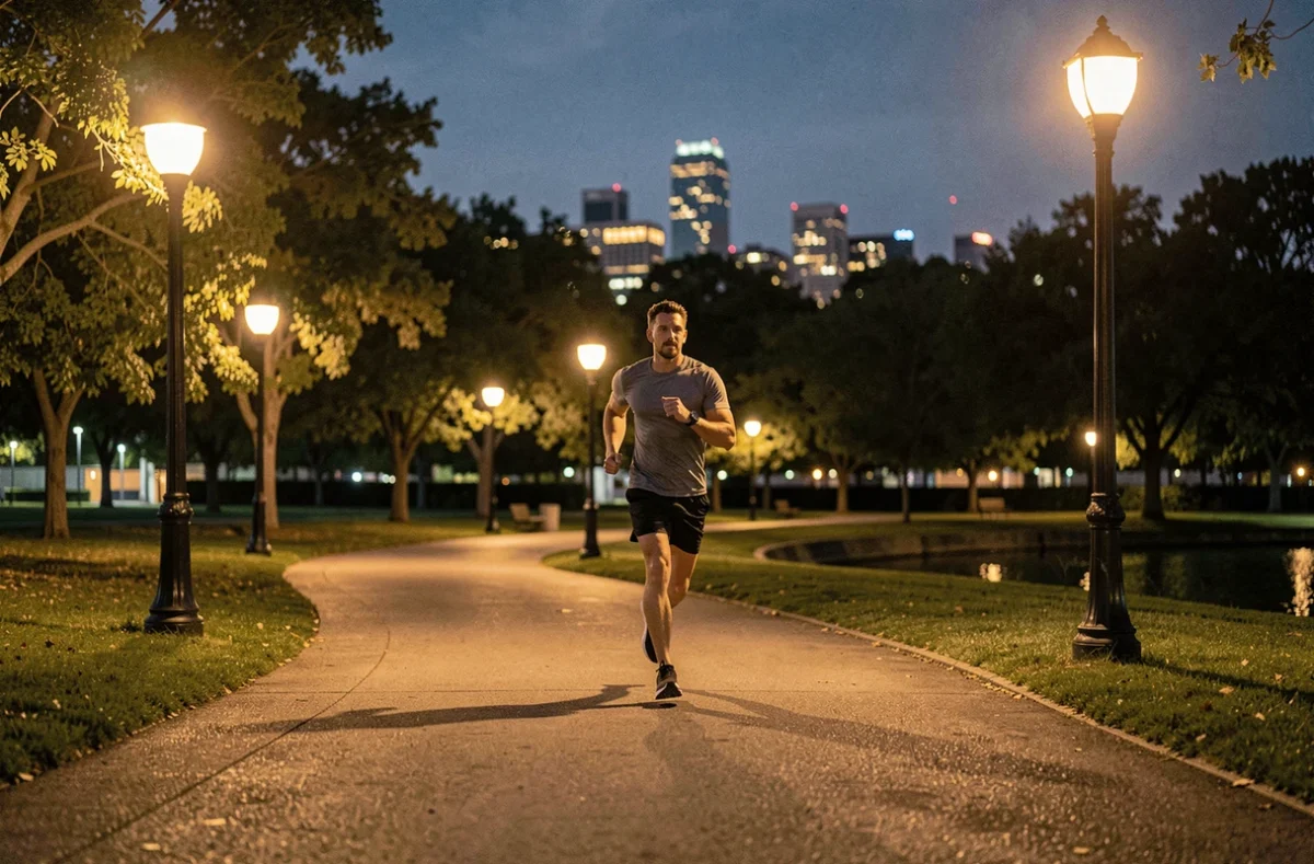 Allée nocturne de Corona Park éclairée par des lampadaires ambrés avec un joggeur solitaire sur le chemin pavé et la lueur de la ville en arrière-plan