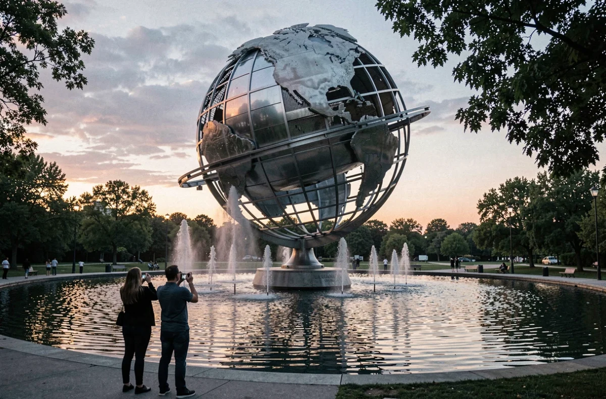 L'Unisphere de Corona Park à la tombée de la nuit avec ses bassins réfléchissants et ses détails métalliques illuminés par les tons chauds du crépuscule