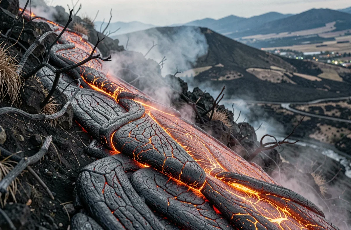 Coulée de lave incandescente descendant le flanc de l'Etna au crépuscule sur fond de roche basaltique noire