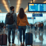 Jeune couple détendu à l'aéroport avec tableau de départs