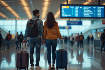 Jeune couple détendu à l'aéroport avec tableau de départs