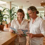 Couple examinant une brochure de séjour tout compris dans le hall d'un hôtel, illustrant les questionnements avant réservation avec Selectour