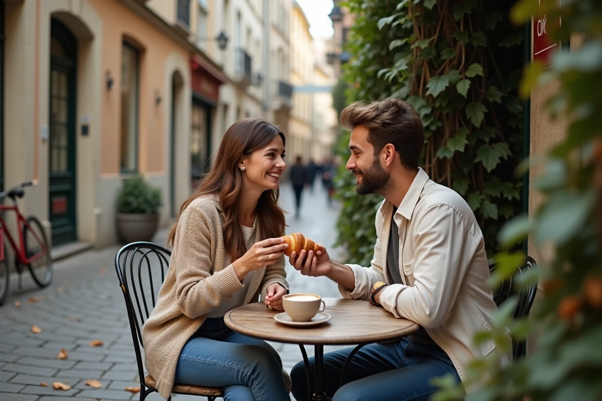 Couple savourant un café et un croissant en terrasse d'un bistrot parisien dans une ruelle pavée de Montmartre