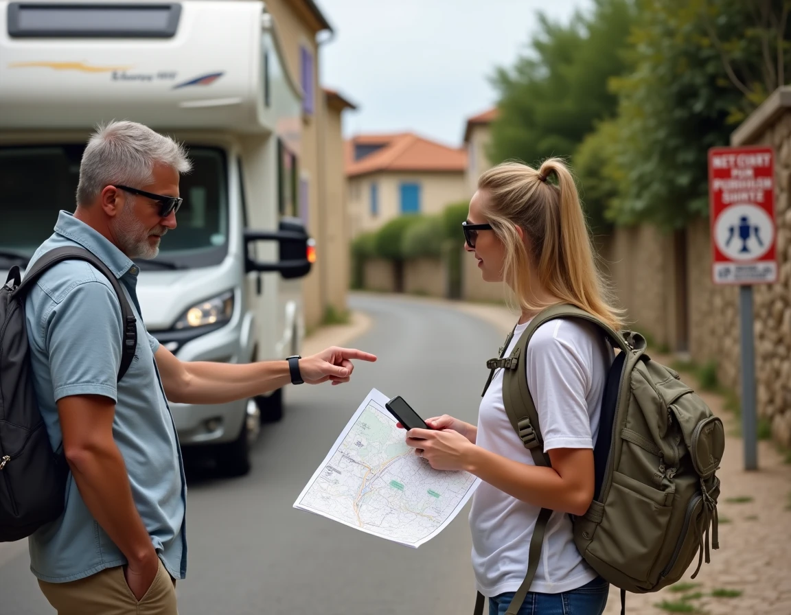 Couple consultant une carte et leur smartphone devant un camping-car sur une route étroite à l'entrée du village de Cassis