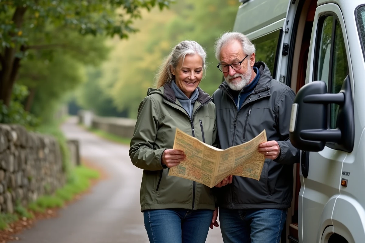 Couple consultant une carte routière en camping-car sur une route de campagne du Finistère entourée de murs en granit