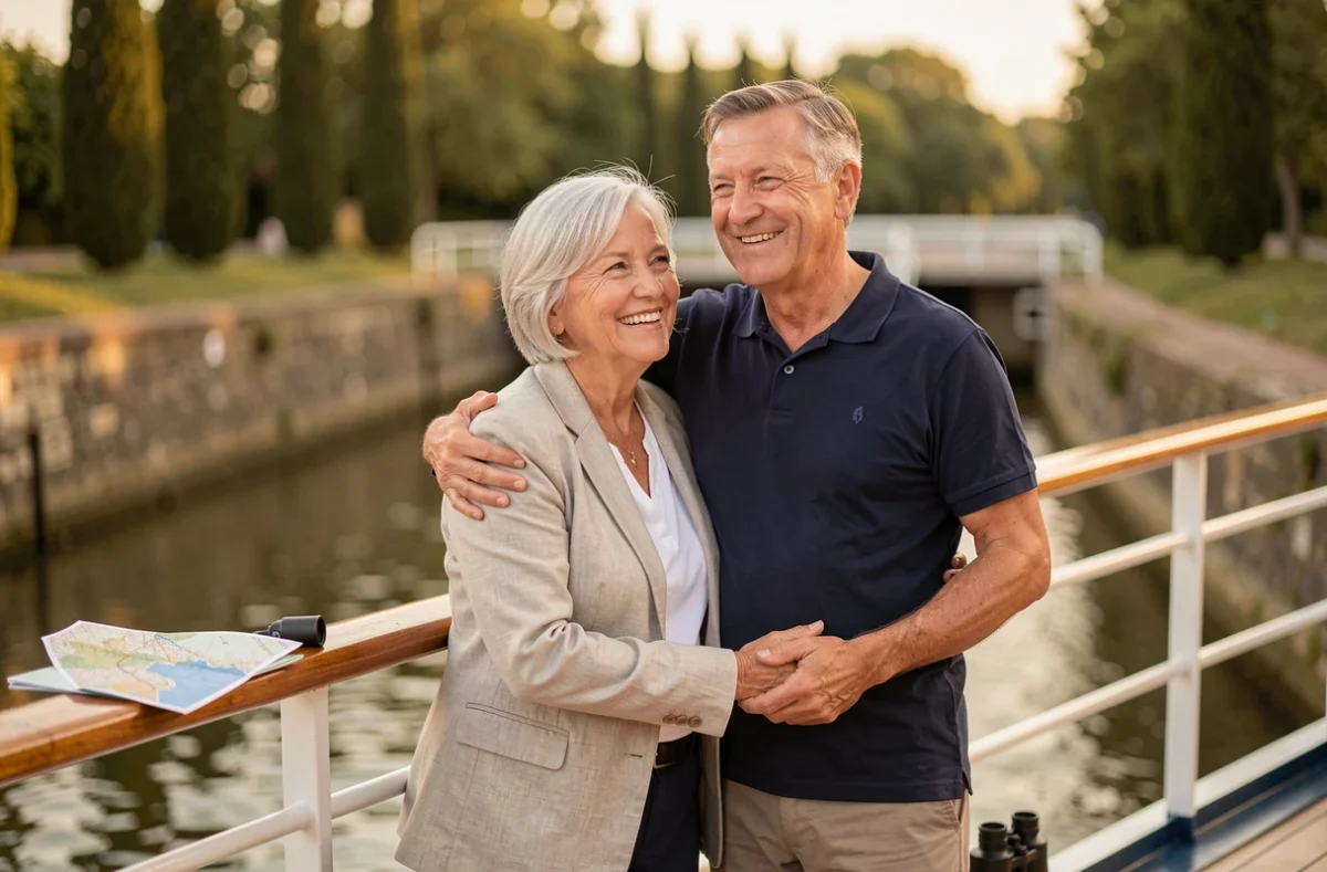Couple de voyageurs sur le pont avant d'un bateau de croisière fluviale traversant une écluse du Canal du Midi