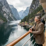 Couple sur le pont d'un bateau de croisière contemplant un fjord norvégien aux falaises verdoyantes