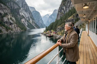 Couple sur le pont d'un bateau de croisière contemplant un fjord norvégien aux falaises verdoyantes