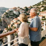 Couple de voyageurs admirant la côte méditerranéenne depuis le pont d'un navire de croisière