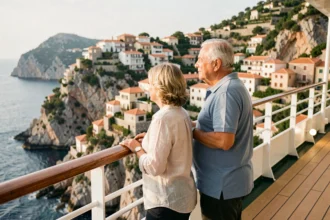 Couple de voyageurs admirant la côte méditerranéenne depuis le pont d'un navire de croisière