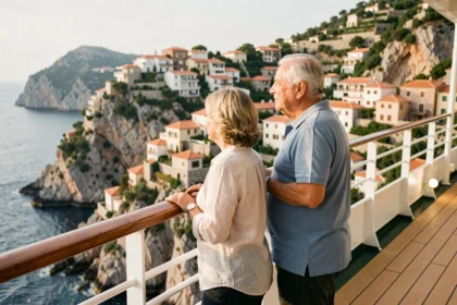 Couple de voyageurs admirant la côte méditerranéenne depuis le pont d'un navire de croisière