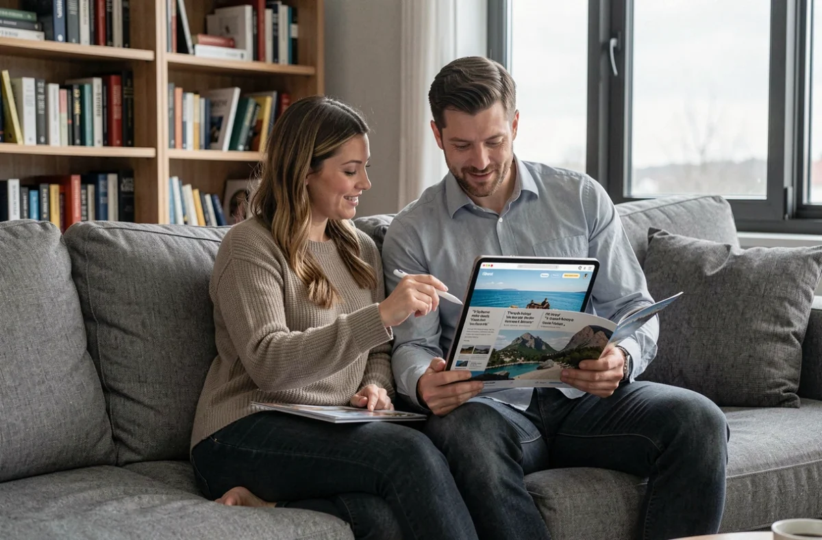 Couple planifiant leurs vacances en remplissant un devis de voyage en ligne sur une tablette dans leur salon