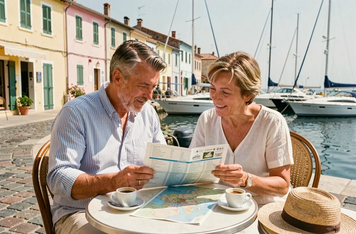 Couple de touristes consultant un itinéraire de croisière en Méditerranée dans un port pittoresque lors d'une escale