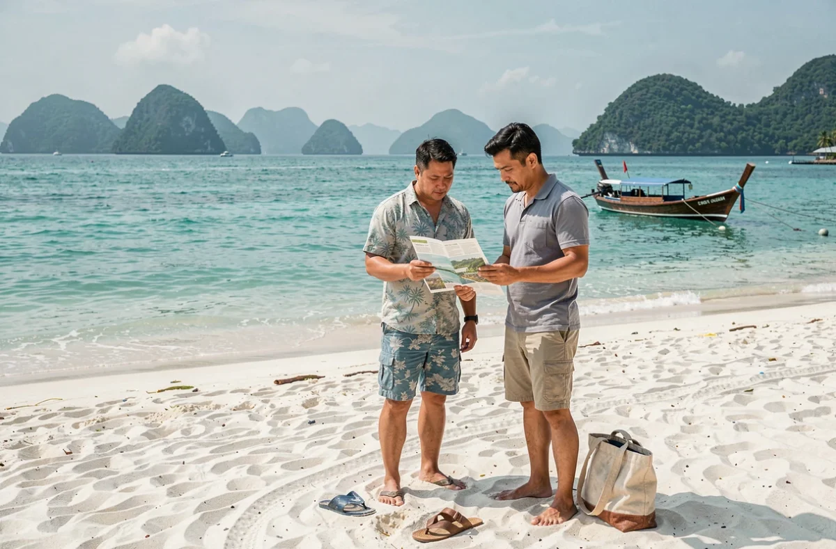 Couple en train de planifier leur itinéraire de voyage sur une plage de sable blanc à Koh Lanta en Thaïlande