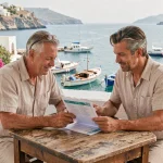 Couple consultant un itinéraire tout compris dans une taverne grecque avec vue sur le port de Karpathos