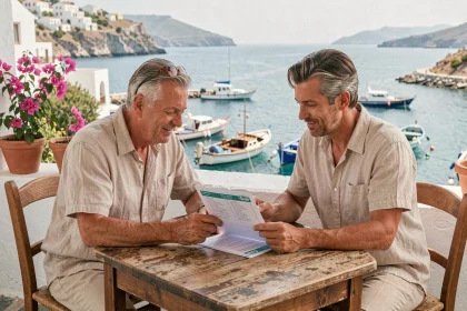 Couple consultant un itinéraire tout compris dans une taverne grecque avec vue sur le port de Karpathos