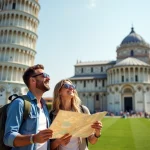 Couple souriant devant la tour de Pise en été