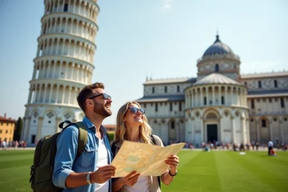 Couple souriant devant la tour de Pise en été