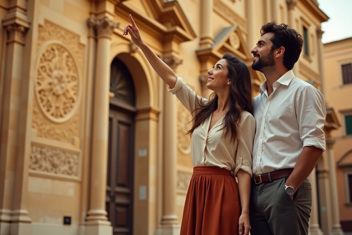 Couple romantique admirant la façade baroque en pierre de Lecce devant la Basilique Santa Croce au coucher du soleil dans les Pouilles