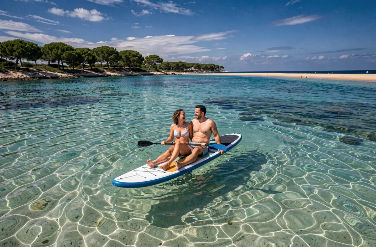 Couple riant sur un paddle dans les eaux cristallines et transparentes de la baie de Palombaggia en Corse
