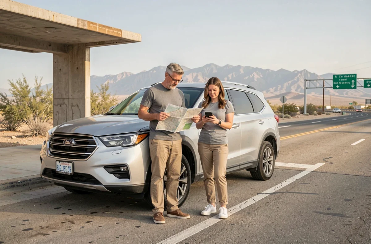 Couple consultant une carte et un GPS lors d'une pause sur la route entre Los Angeles et Las Vegas