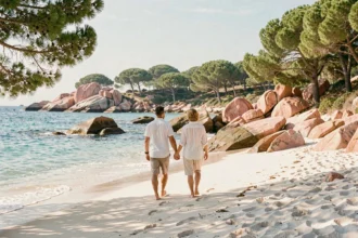 Couple romantique se promenant pieds nus sur la plage de Palombaggia en Corse, avec les rochers de granit rose et les eaux turquoise en arrière-plan