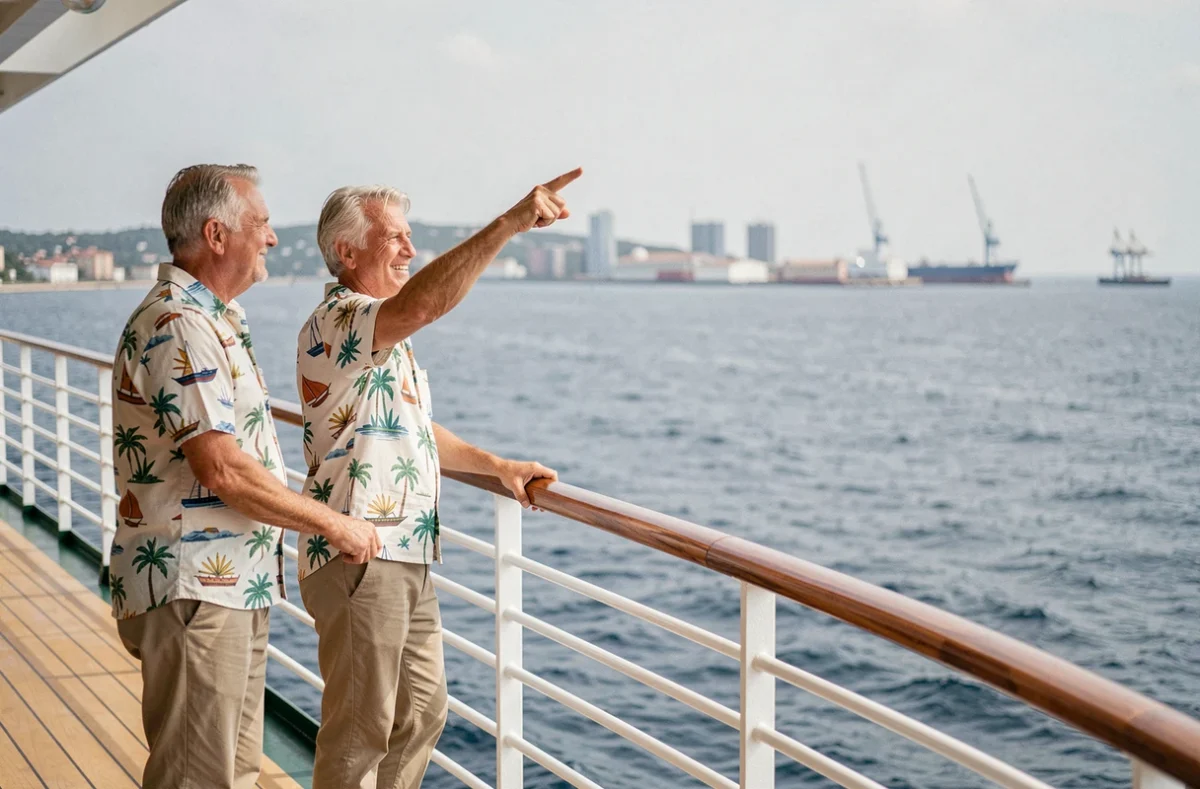 Couple de voyageurs sur le pont d'un bateau de croisière admirant la côte depuis le bastingage