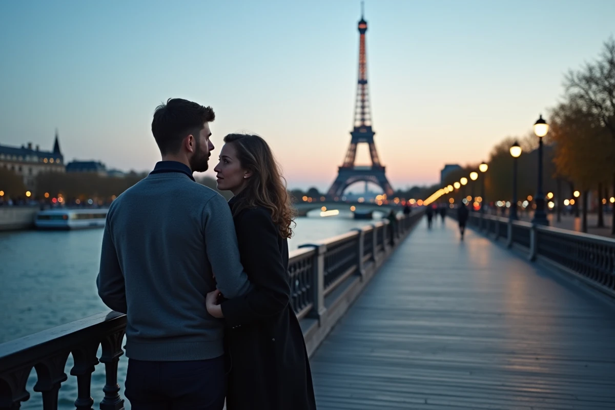 Couple romantique sur le Pont des Arts à Paris contemplant la Tour Eiffel au crépuscule