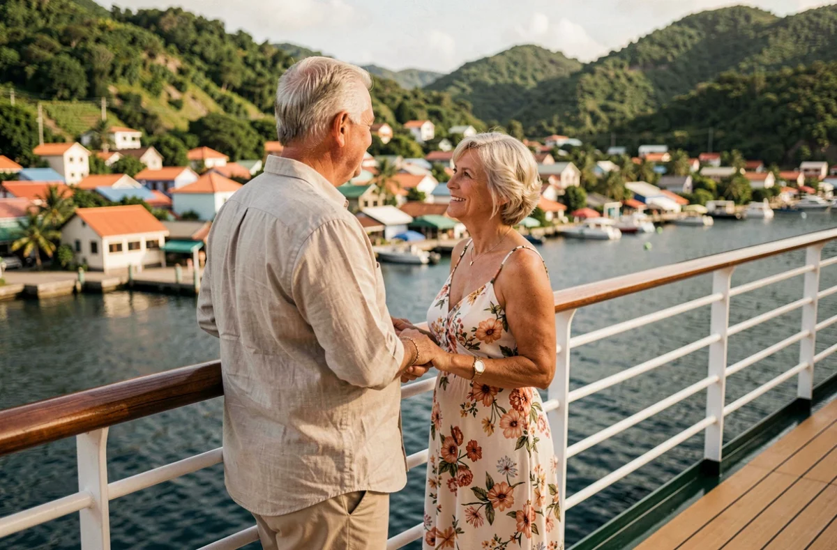 Couple de voyageurs sur le pont d'un paquebot observant un port exotique lors d'une croisière tour du monde de 117 jours
