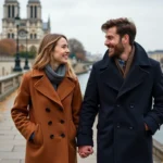 Couple se promenant main dans la main sur les quais de Seine à Paris en automne avec Notre-Dame en arrière-plan