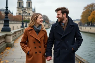 Couple se promenant main dans la main sur les quais de Seine à Paris en automne avec Notre-Dame en arrière-plan