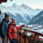 Couple souriant sur balcon avec vue sur Alpes enneigees