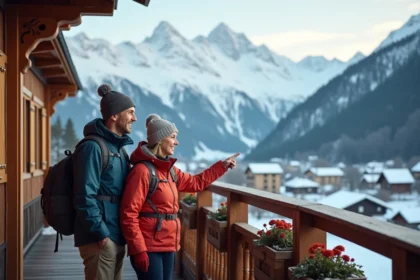 Couple souriant sur balcon avec vue sur Alpes enneigees