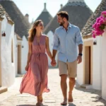 Couple romantique se promenant main dans la main dans les ruelles de Alberobello avec les célèbres trulli des Pouilles en arrière-plan