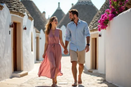 Couple romantique se promenant main dans la main dans les ruelles de Alberobello avec les célèbres trulli des Pouilles en arrière-plan