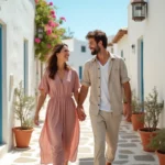 Couple se promenant main dans la main dans une ruelle blanchie à la chaux de Tinos, Grèce, entourée de bougainvilliers et de portes bleues typiques des Cyclades