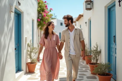 Couple se promenant main dans la main dans une ruelle blanchie à la chaux de Tinos, Grèce, entourée de bougainvilliers et de portes bleues typiques des Cyclades