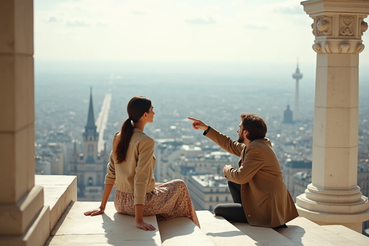 Couple admirant le panorama de Paris depuis les marches du Sacré-Cœur à Montmartre