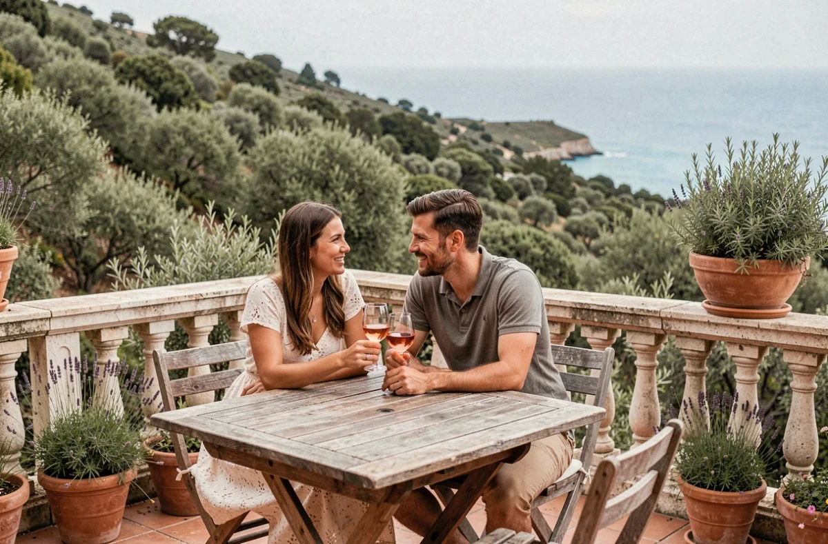 Couple partageant un verre de rosé sur la terrasse privée d'un hôtel boutique avec vue sur la mer en Corse