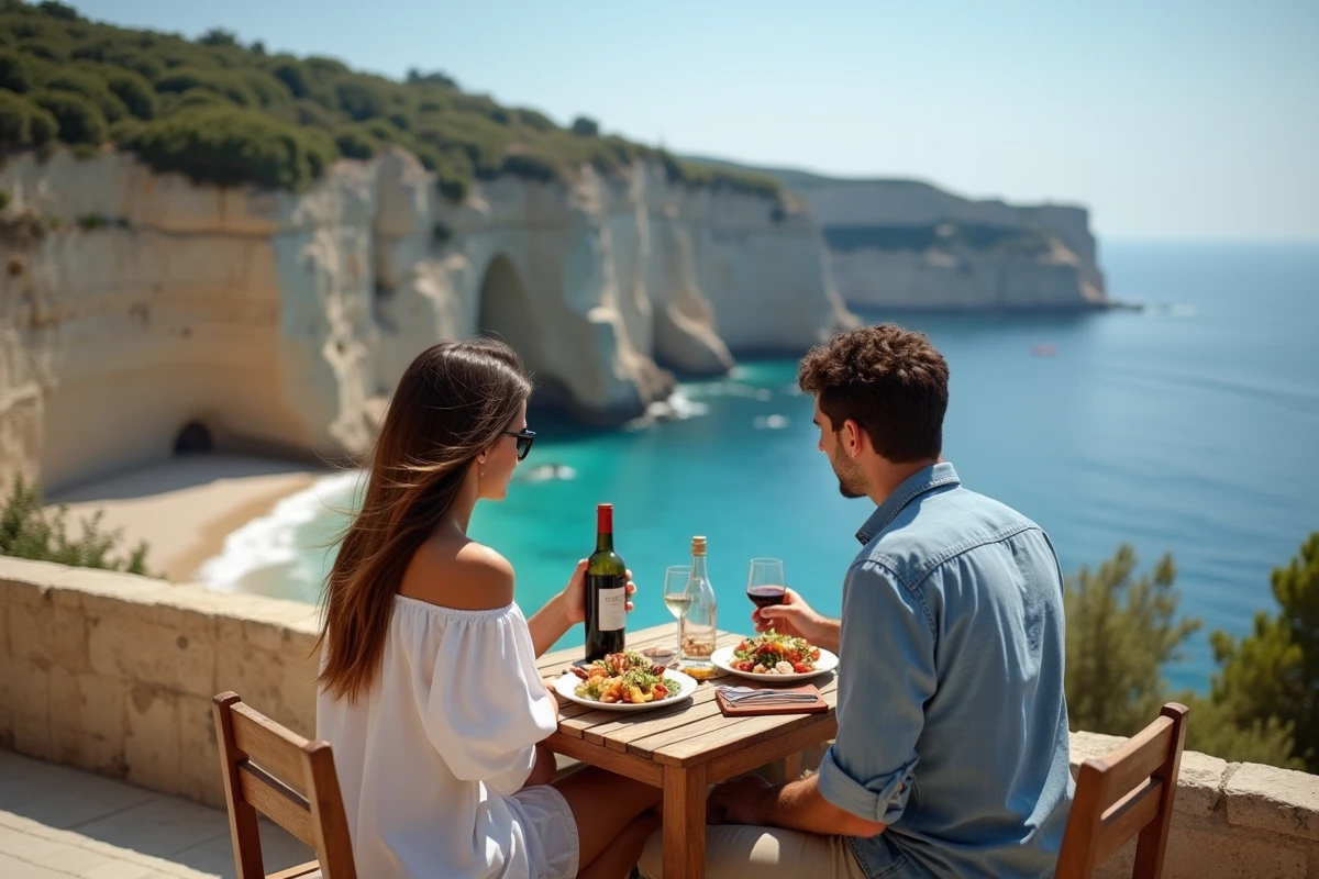 Couple en amoureux dégustant des fruits de mer en terrasse avec vue sur les falaises et la mer Adriatique à Polignano a Mare dans les Pouilles