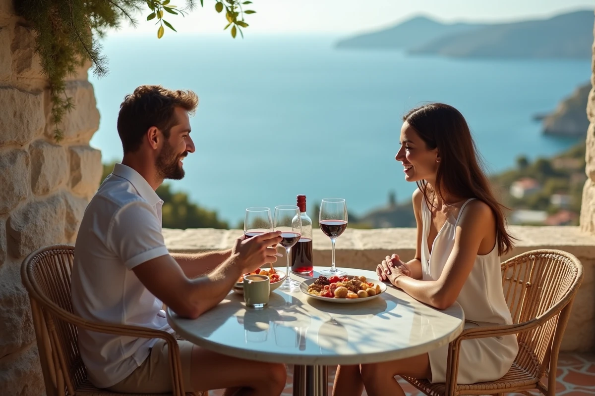 Couple partageant un verre de vin et des mézès sur une terrasse en pierre avec vue sur la mer Égée à Tinos, dans une atmosphère romantique et détendue